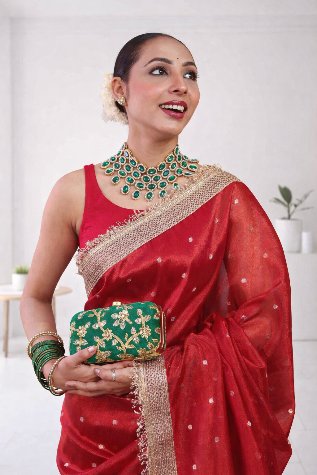 Woman in a red saree with green jewelry and clutch indoors