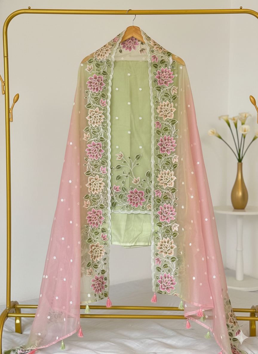 Light green and pink embroidered scarf on a gold rack with a white background