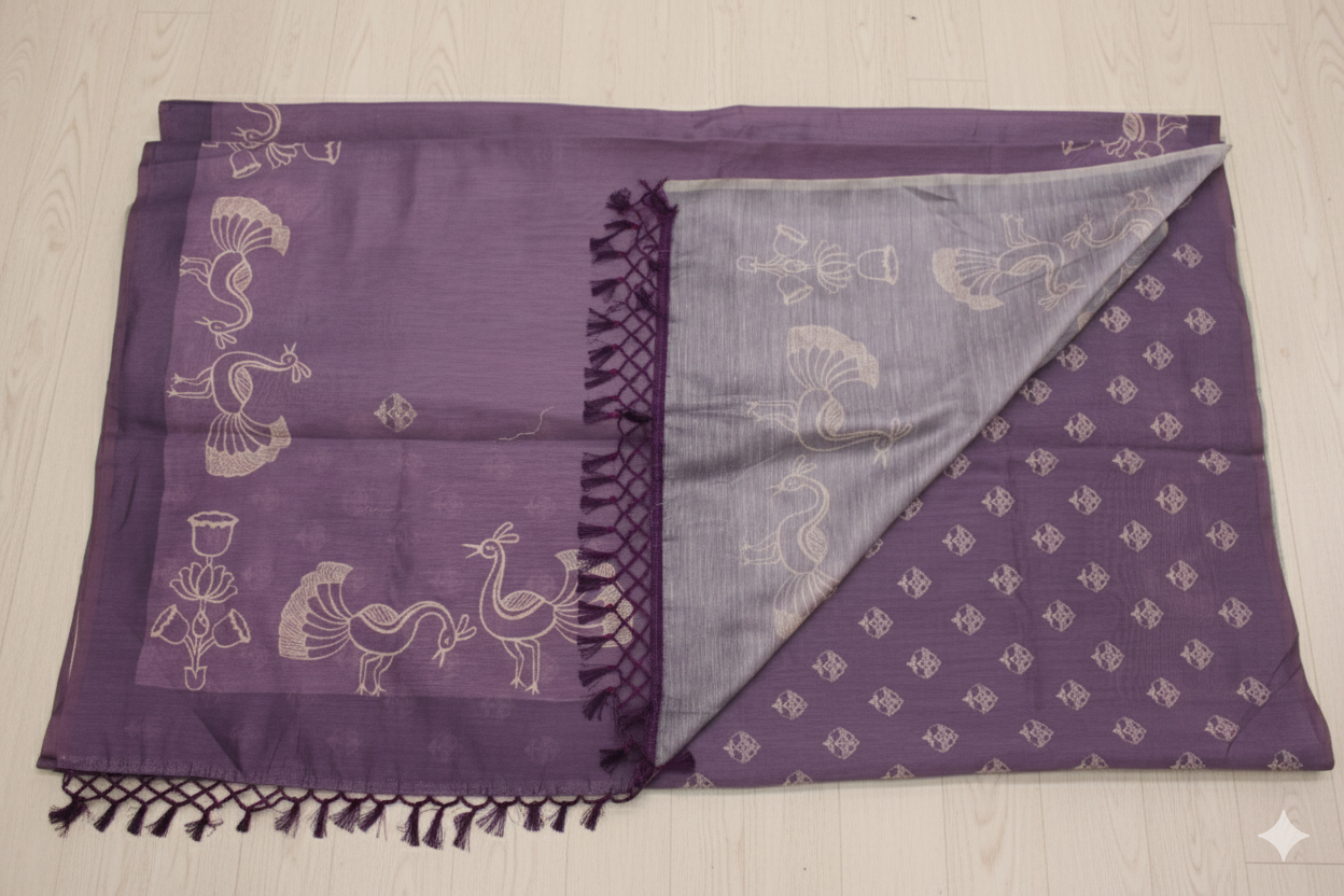 Purple saree with white patterns on a beige background