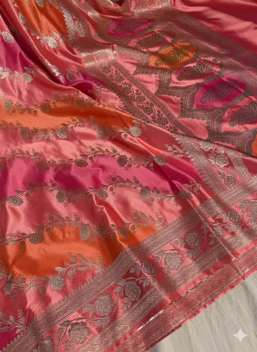 Premium Pink Orange Banarasi Mashru Katan Silk Saree