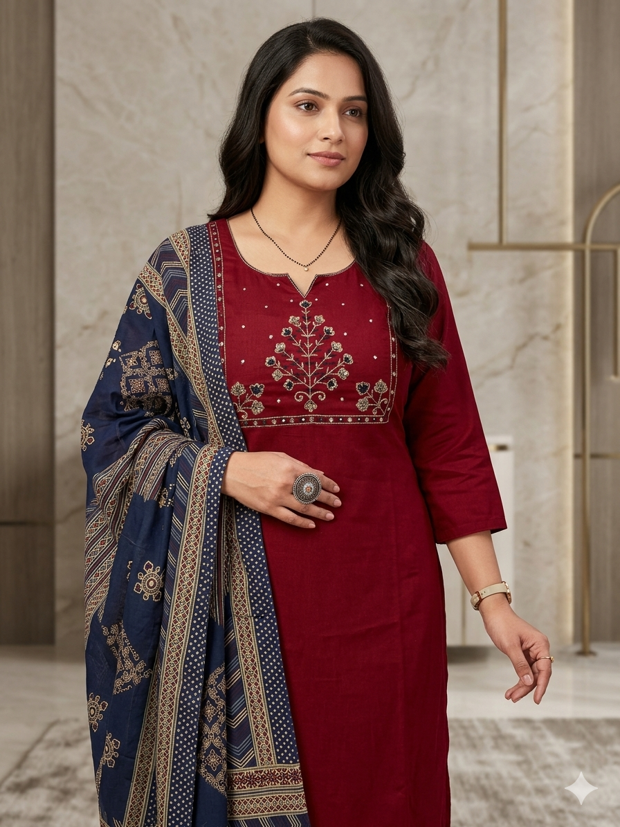 Heavy Cotton Suit Set with Sequence & Mirror Embroidery | Kurti Pant Dupatta Set | Samkri House