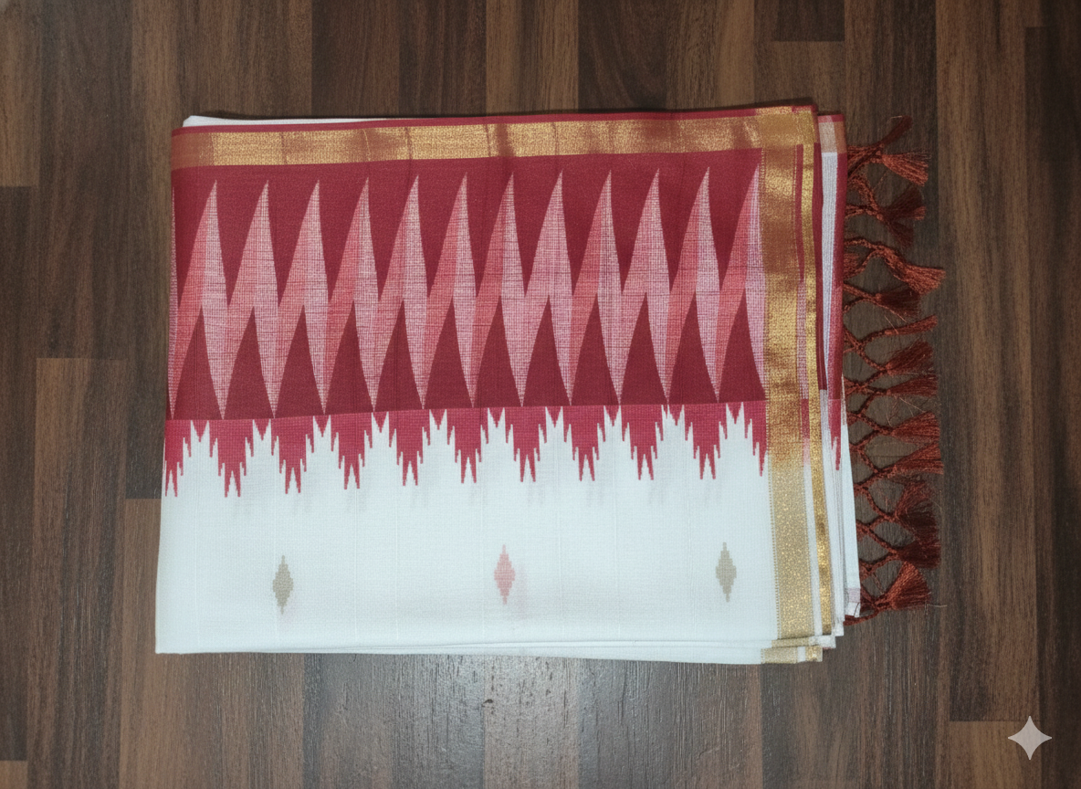 White Matka Gicha Silk Saree with Red Temple Border | Handwoven Traditional Saree