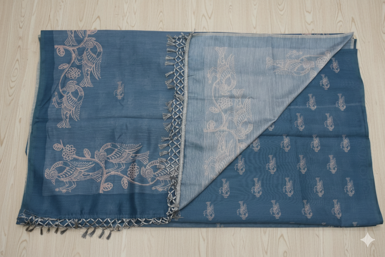 Blue embroidered fabric on a light wooden surface