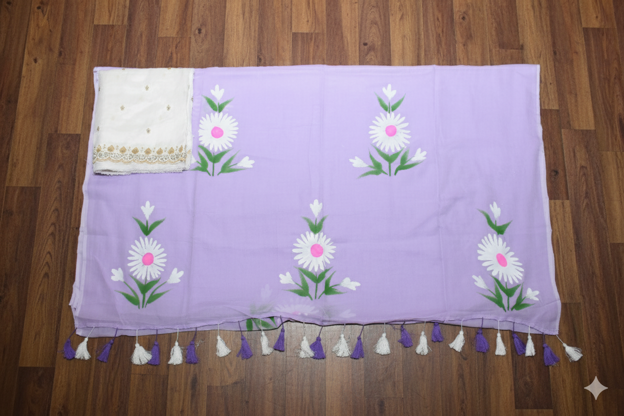 Purple fabric with floral patterns and tassels on a wooden floor