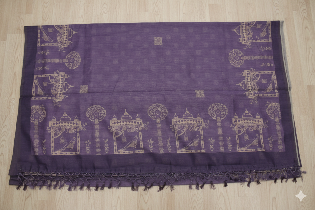 Purple fabric with white patterns on a wooden surface