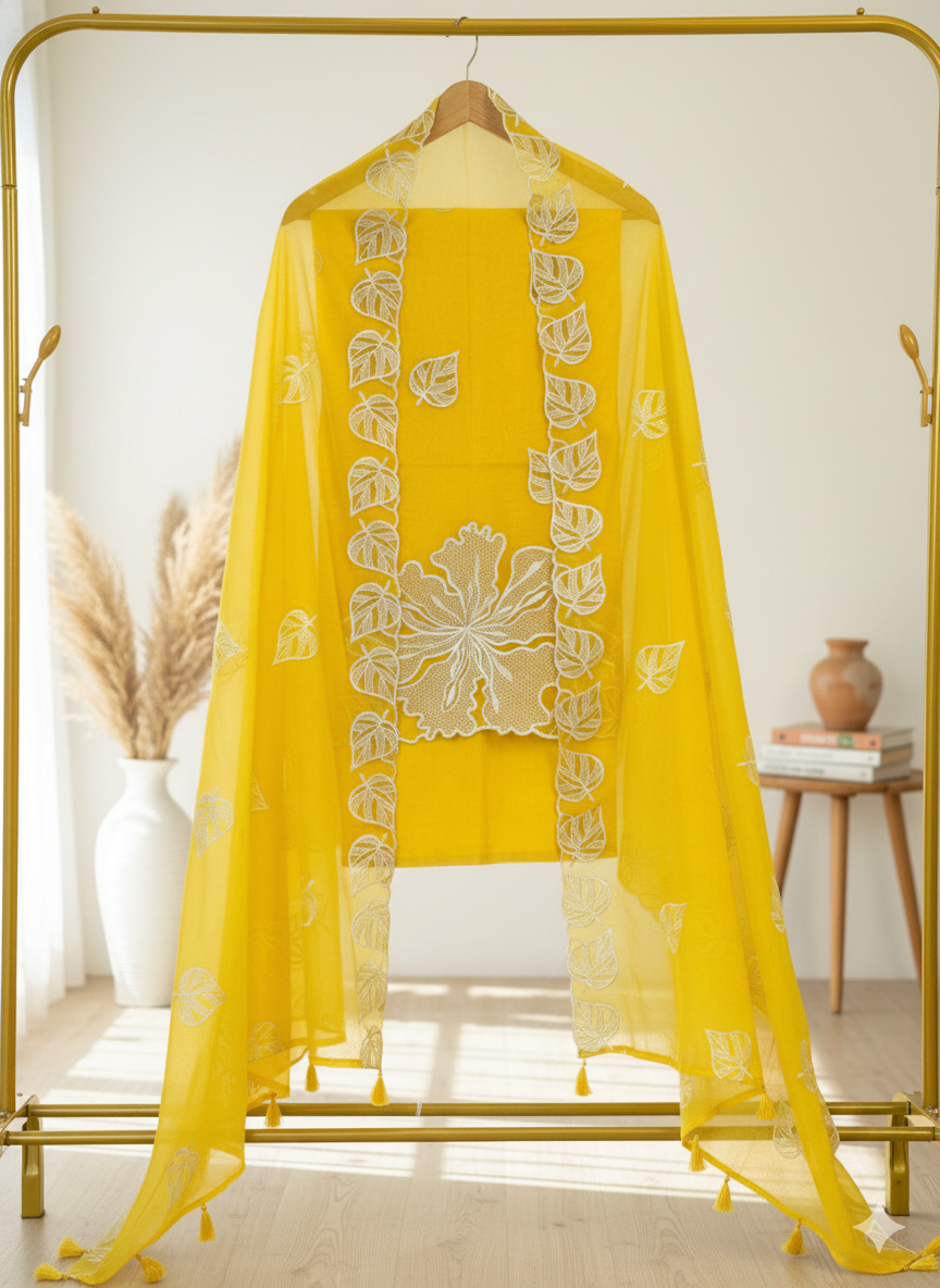 Yellow embroidered fabric on a gold rack with a neutral background