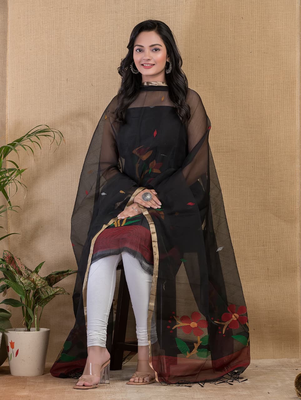 Black Maslin Jamdani Suit Set | Handwoven | Made in India