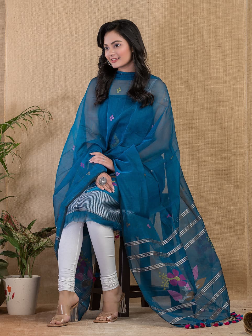 Blue Maslin Jamdani Suit Set | Handwoven | Made in India