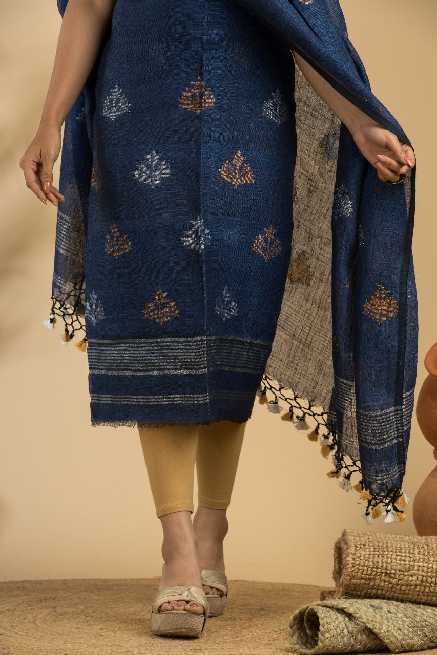 Blue Pure Linen Jamdani Suit Set | 100 Count Linen | Handwoven