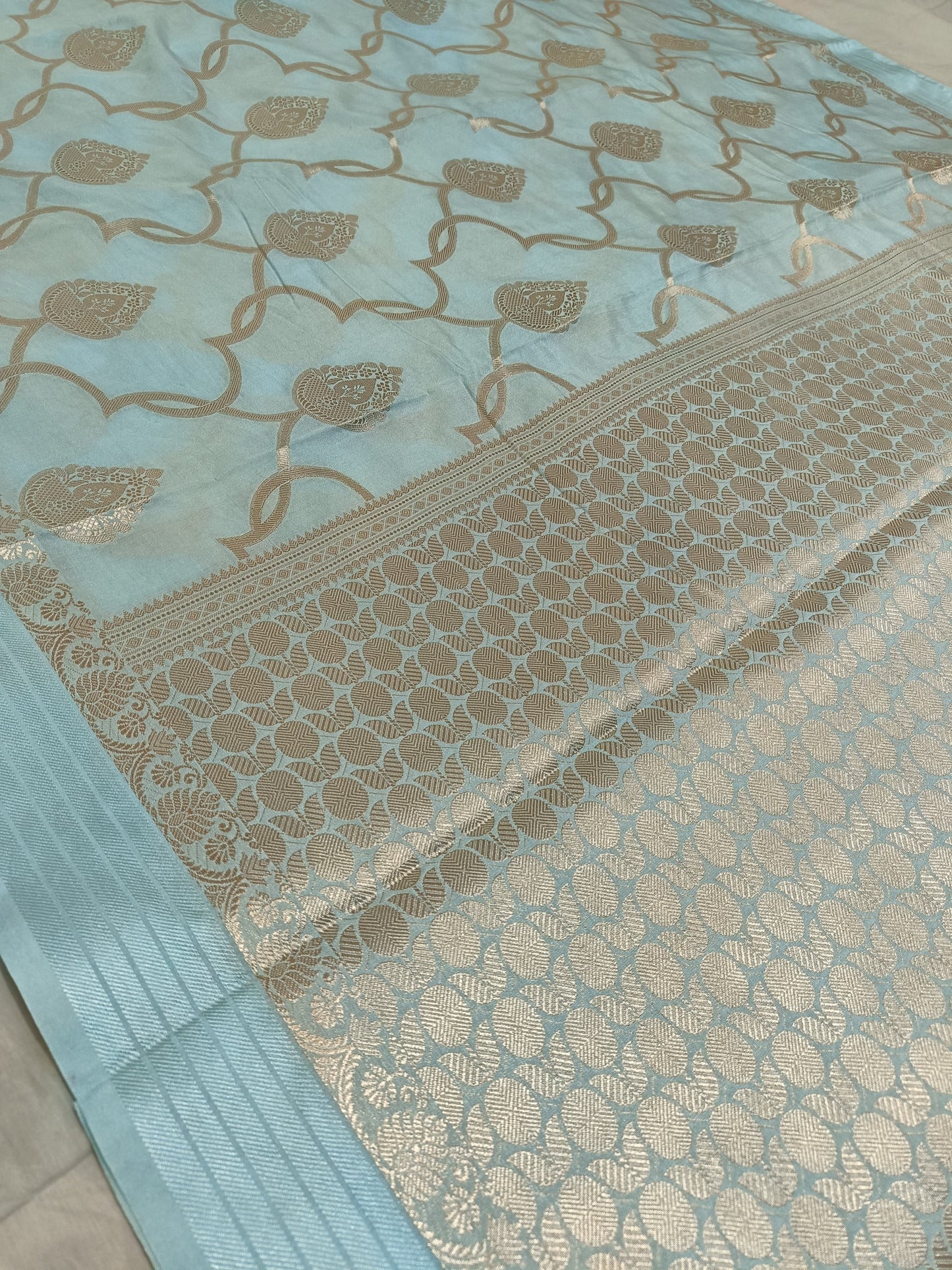 Premium Light Blue Banarasi Raw Mango Silk Saree with Small Buti Design