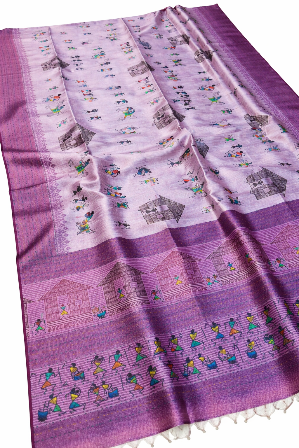 Purple and white saree with intricate patterns on a plain background