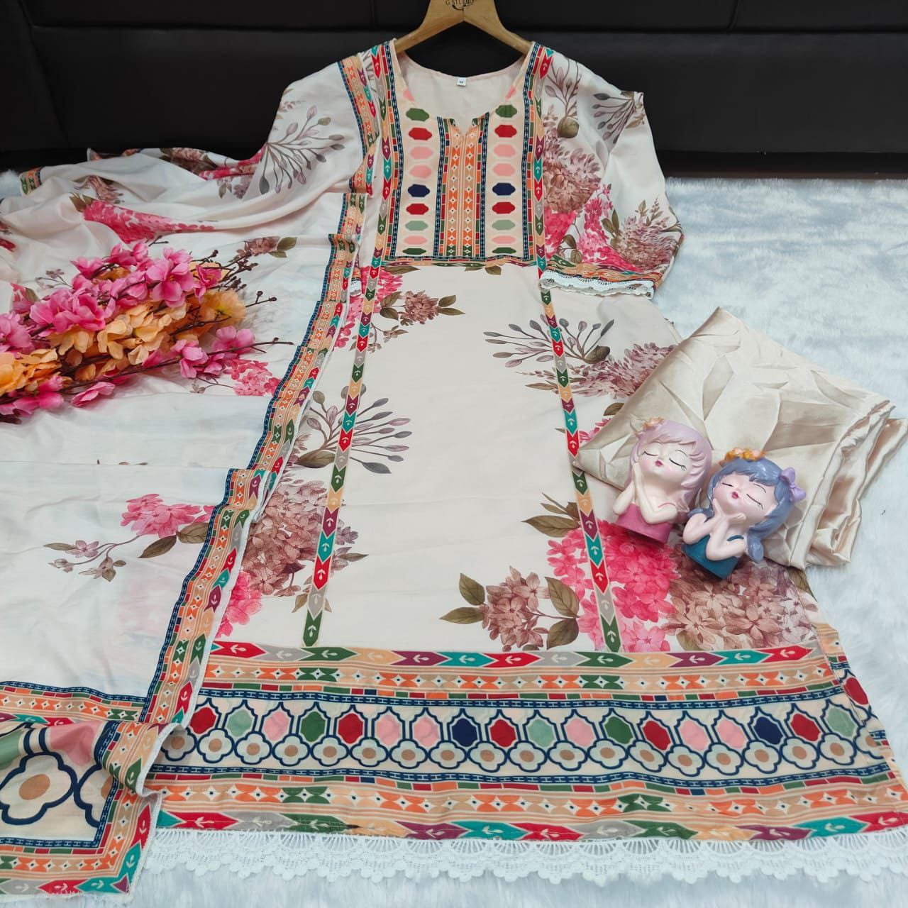 Ivory Muslin Silk Suit Set with Digital Print & Sequin Embroidery | Kurti Pant Dupatta | Samkri House