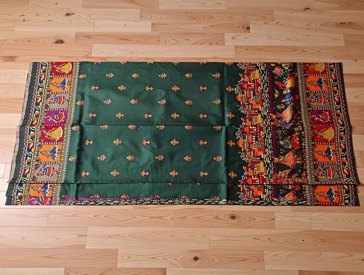 Colorful traditional fabric with intricate patterns on a wooden floor