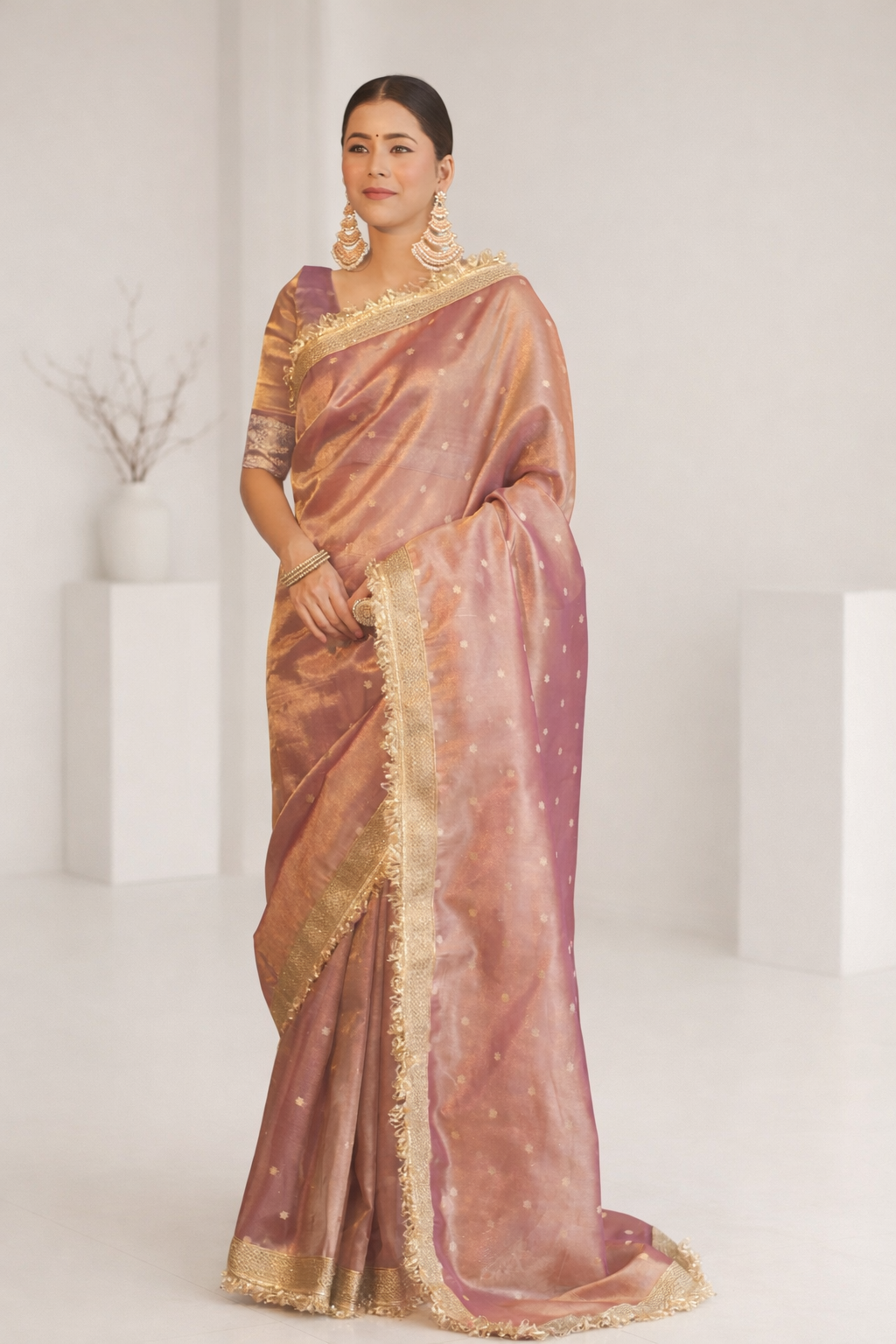 Woman wearing a traditional saree with a gold border against a white background