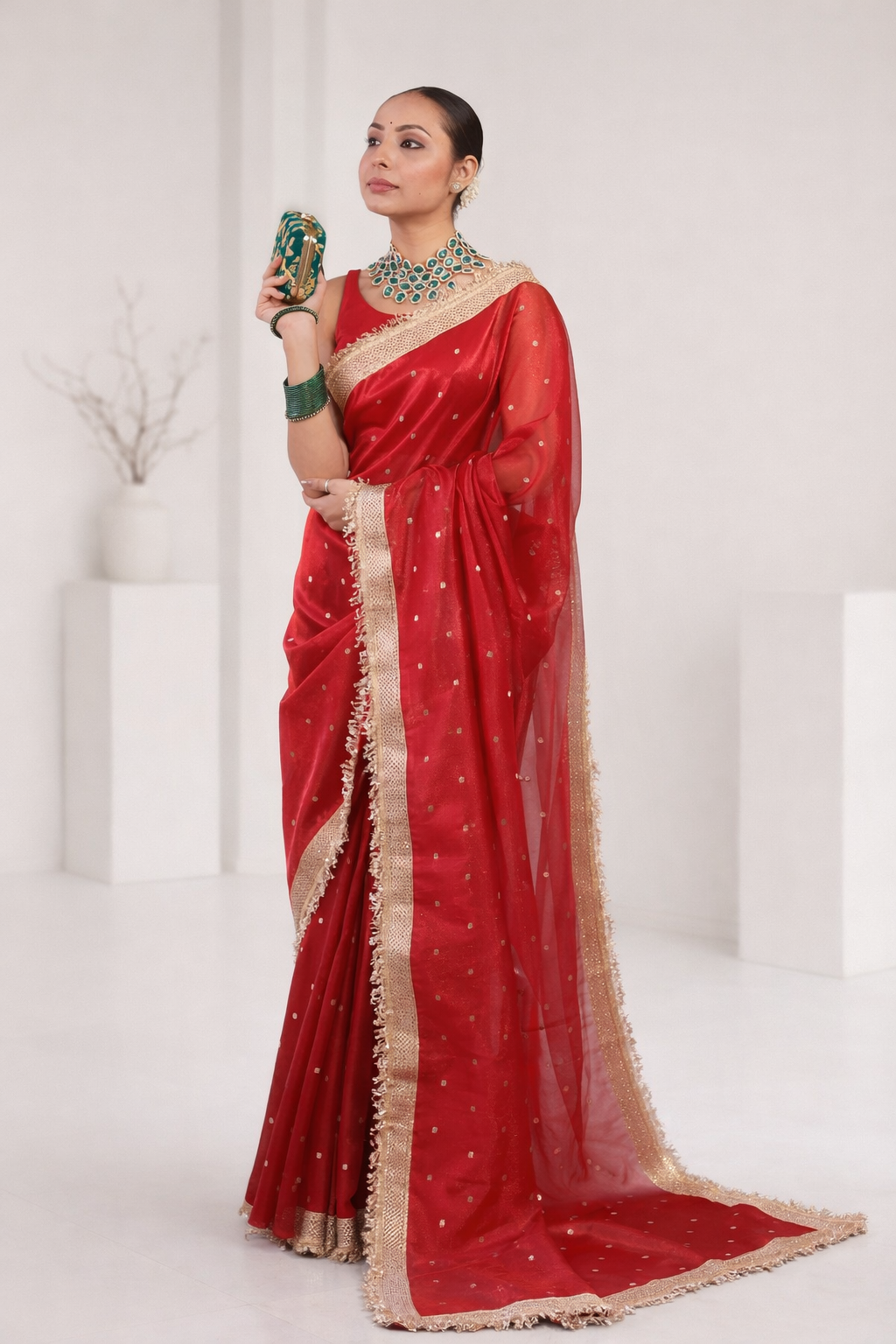 Woman wearing a red saree with gold border against a white background