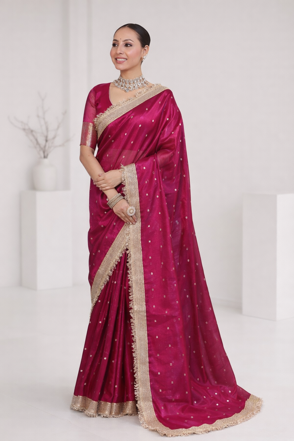 Woman wearing a pink saree with gold border on a white background