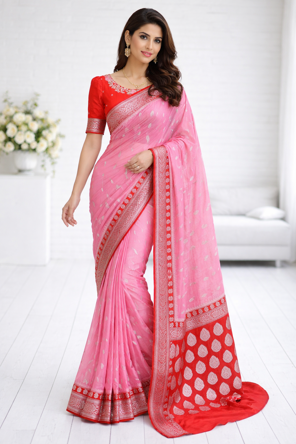 Woman wearing a pink and red saree with a white background
