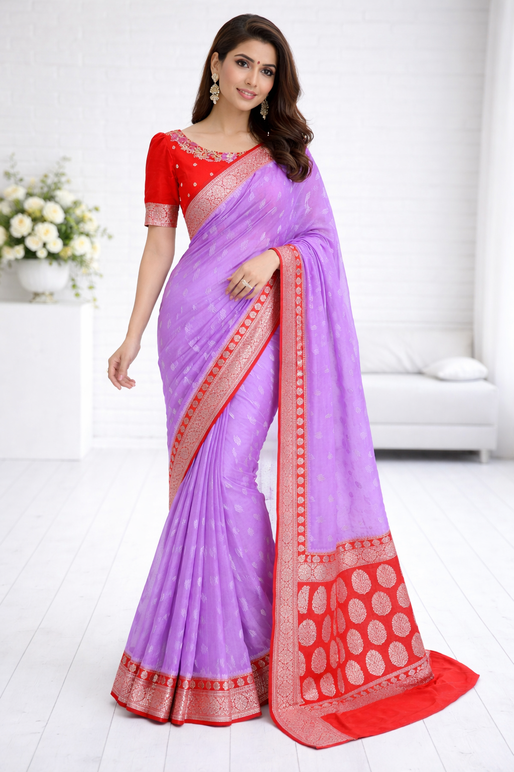 Woman wearing a purple saree with red border in a white room