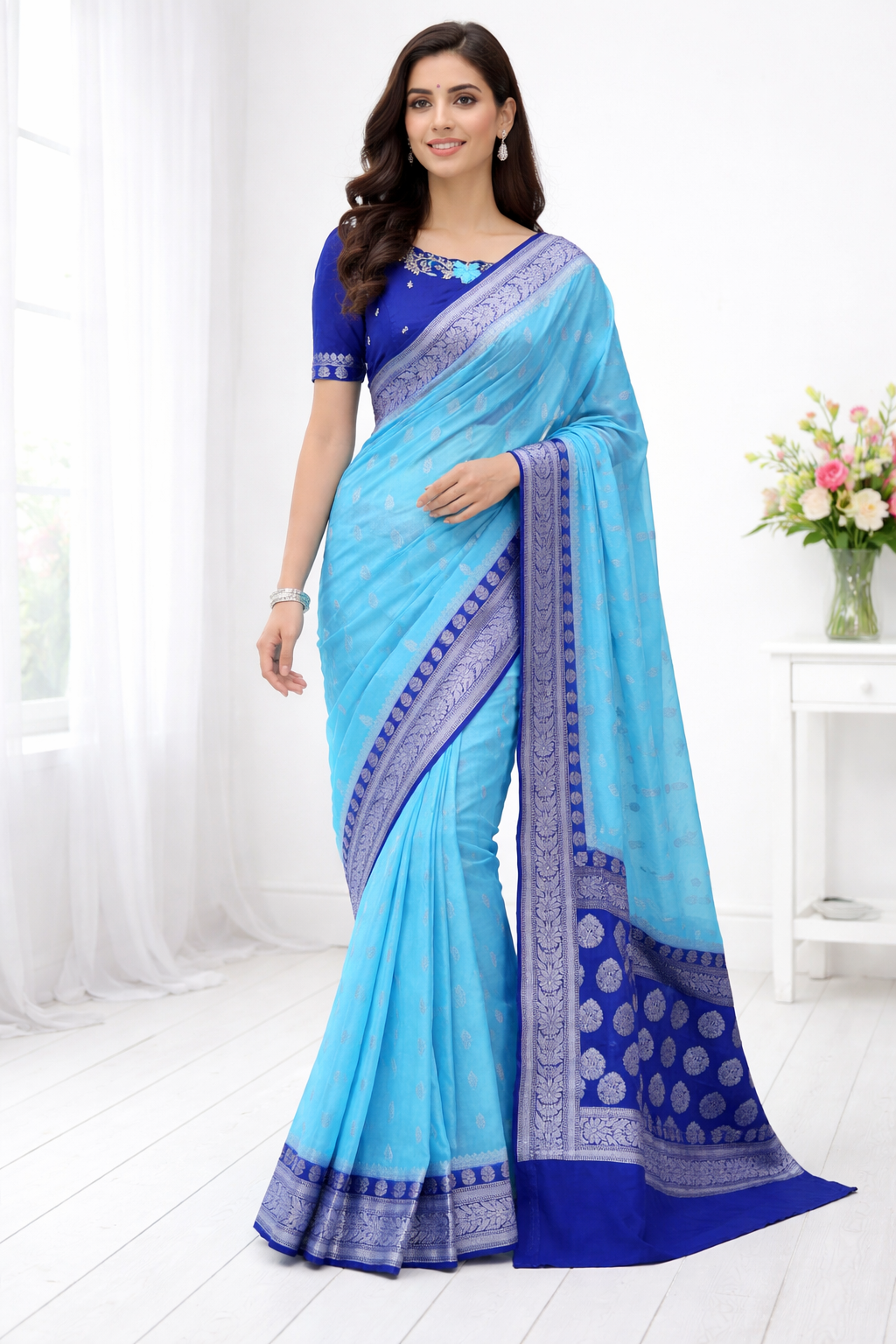 Woman wearing a blue saree with a white background