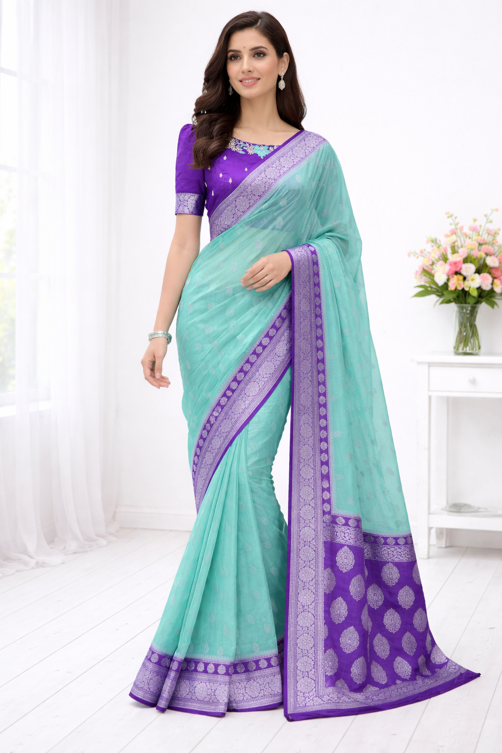 Woman wearing a turquoise and purple saree with a white background