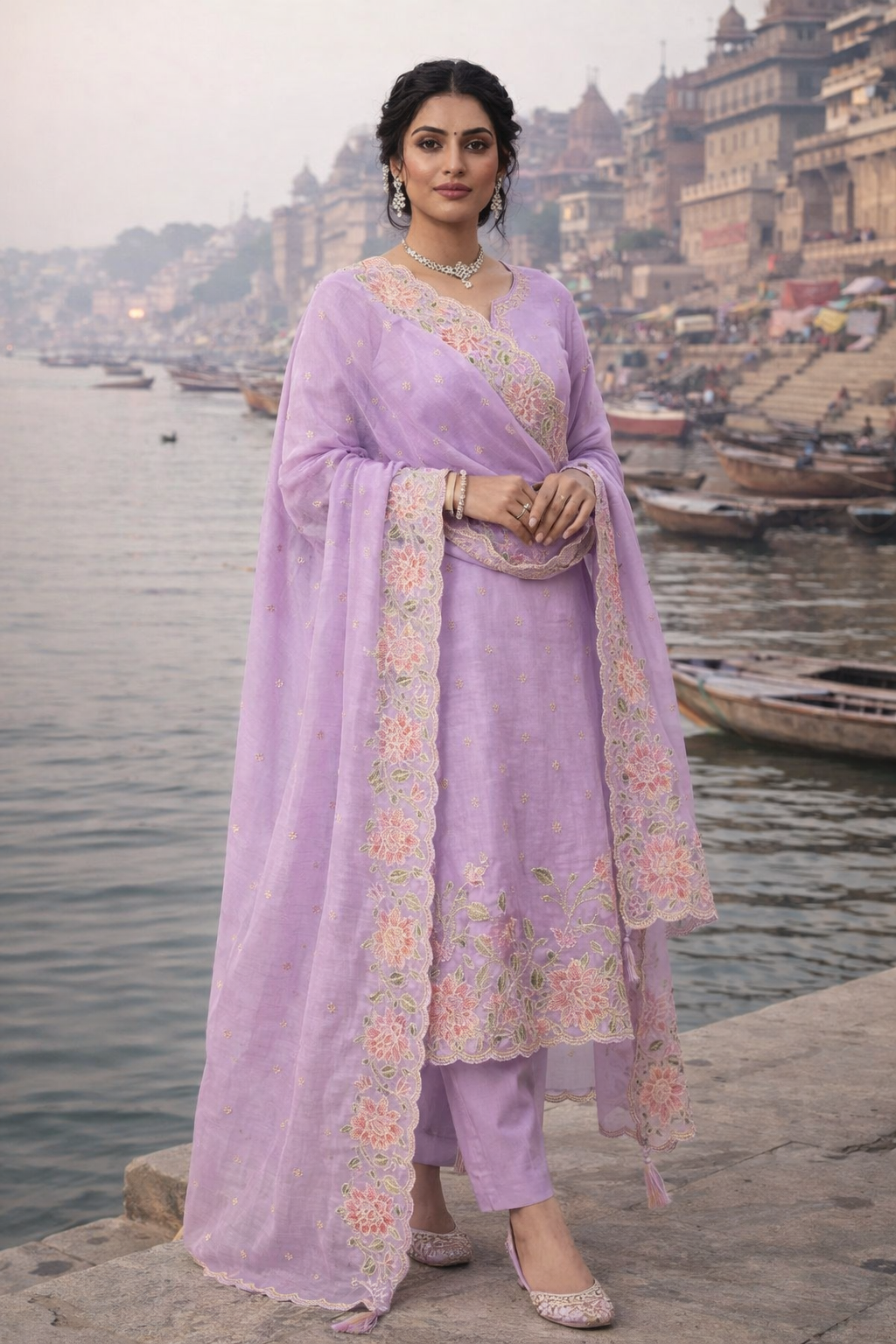 Woman in a lavender traditional outfit with intricate patterns standing by a river with historical architecture in the background.