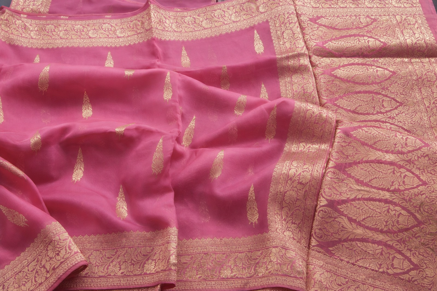 Pink saree with gold embroidery