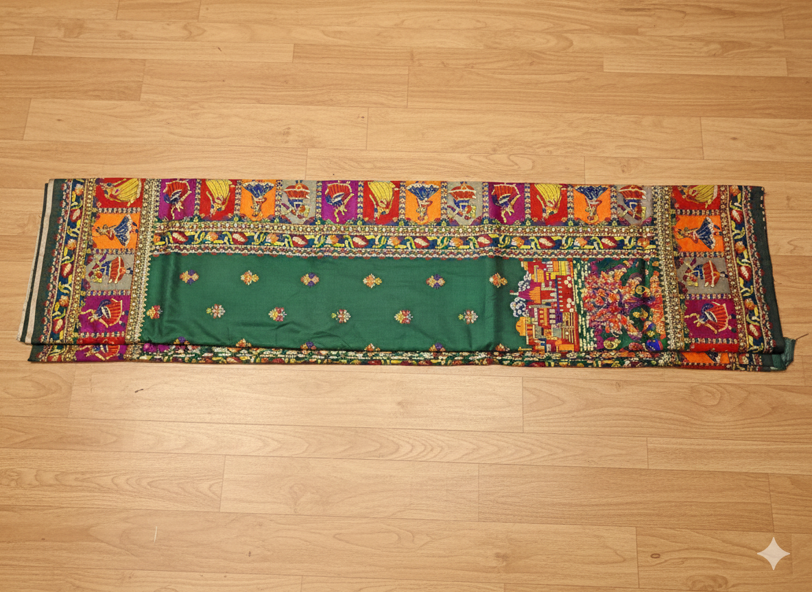 Colorful embroidered fabric on a wooden floor