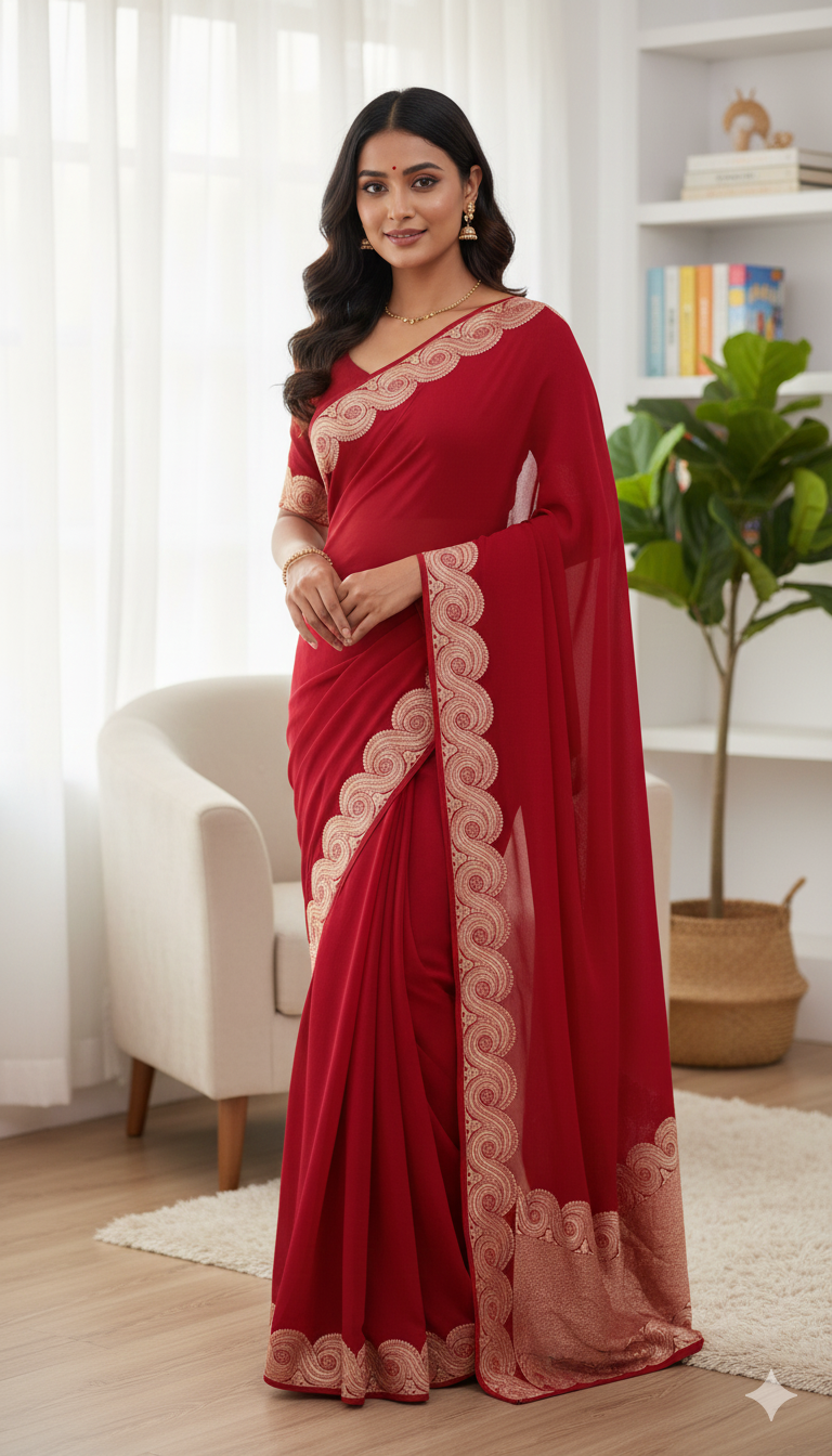 Woman wearing a red saree with gold border in a room with a white armchair and plant.