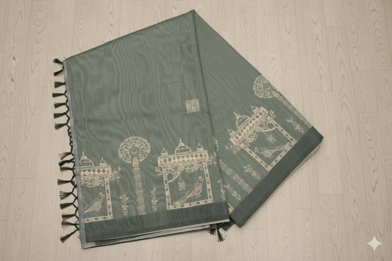Green saree with white patterns on a wooden surface