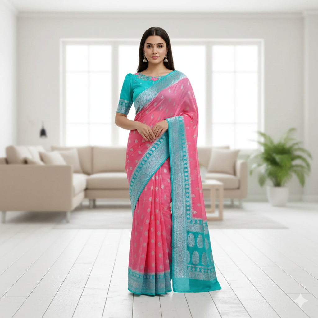 Woman wearing a pink and blue saree in a modern living room setting