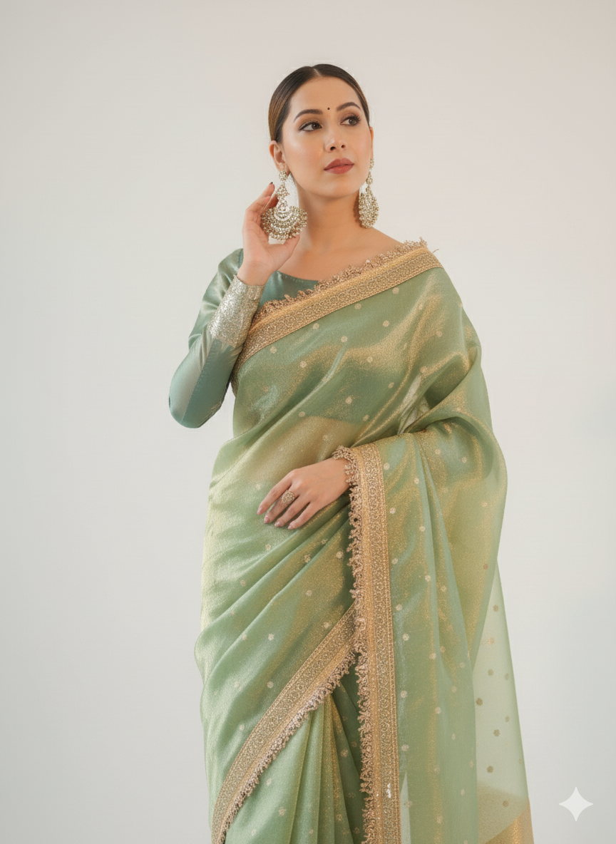 Woman wearing a light green saree with gold border against a white background