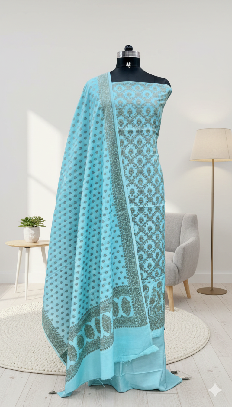Light blue saree with a pattern on a mannequin against a white background