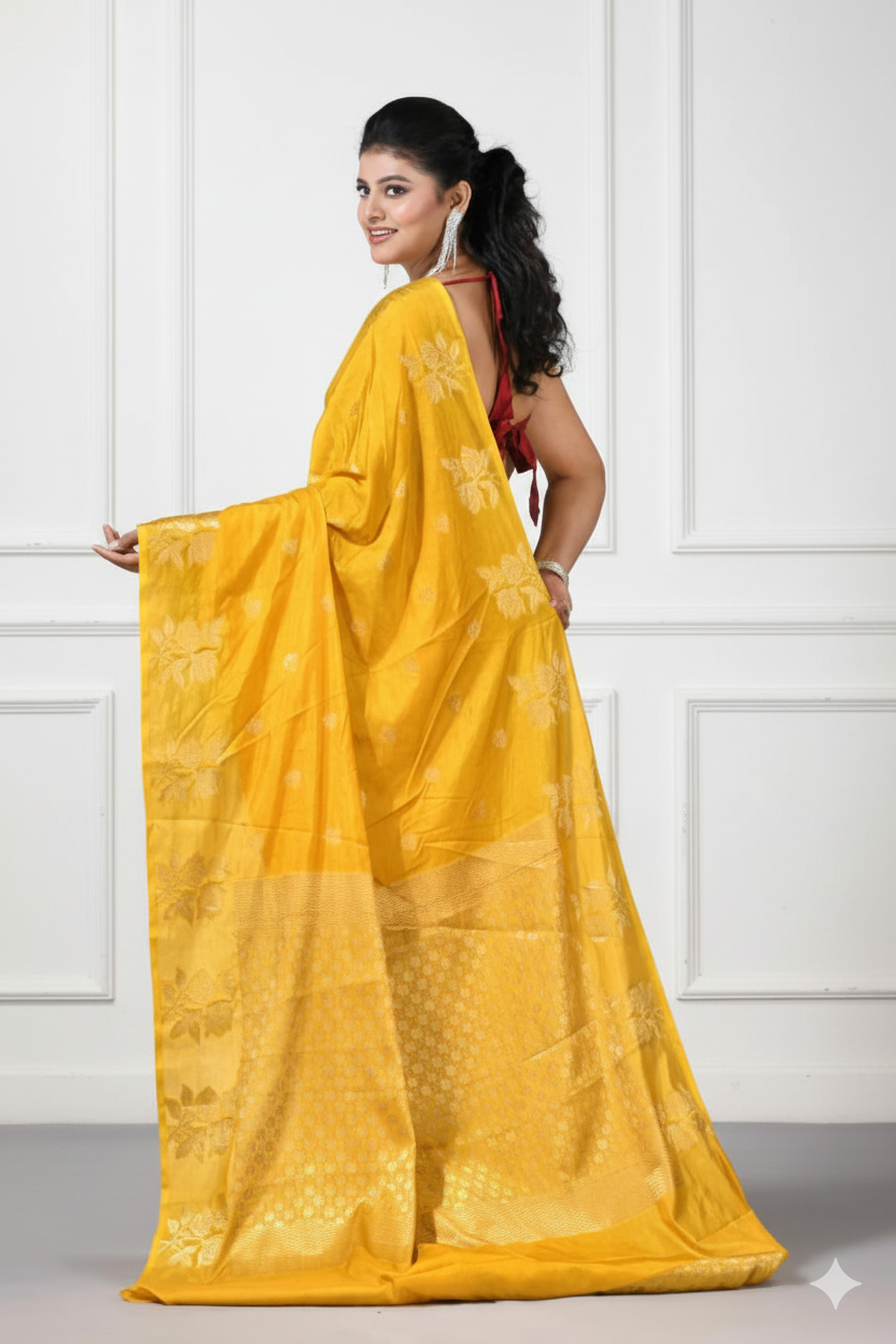 Premium Banarasi Raw Mango Silk Saree | Border Jaal Design
