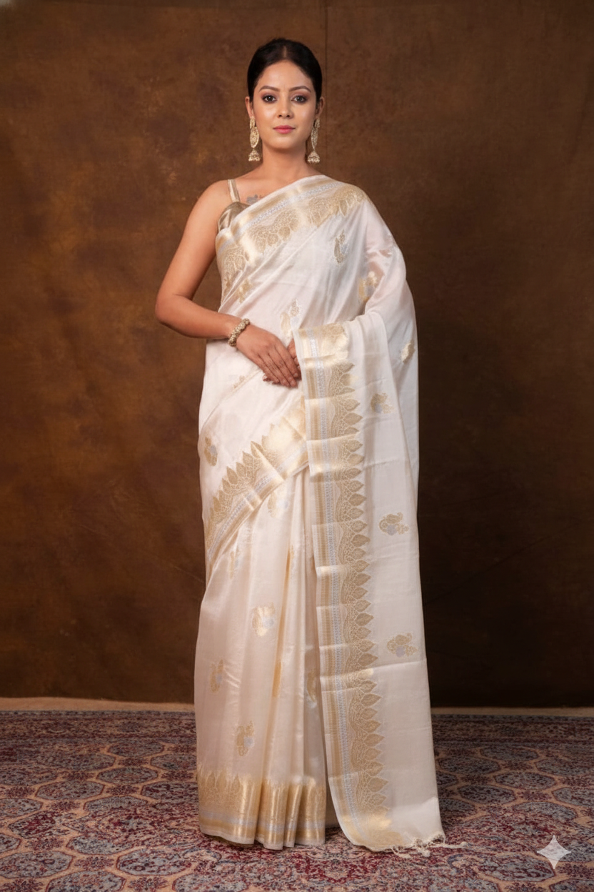 Woman wearing a white saree with gold patterns against a brown background