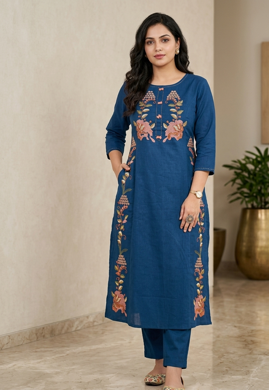 Cotton Kurti Pant Set with Heavy Embroidery | Elegant Straight Kurta Set | Samkri House