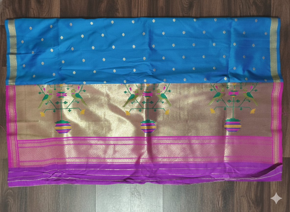 Royal Blue Paithani Saree with Pink Border | Traditional Maharashtrian Paithani Online
