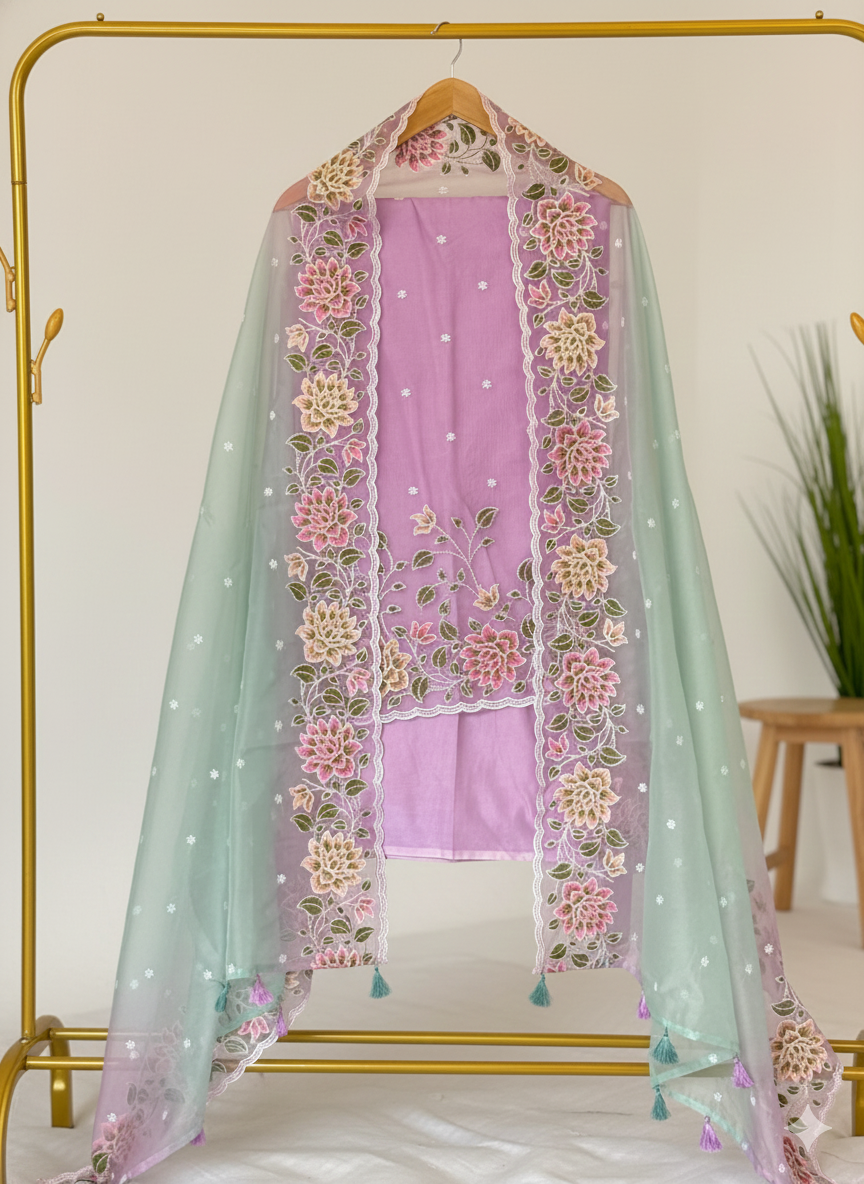 Light green embroidered dupatta with pink floral patterns draped over a hanger against a white background.
