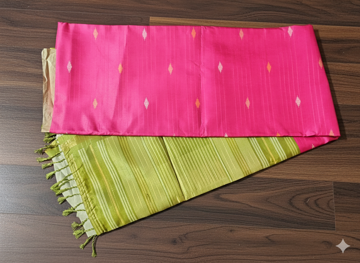 Pink and green fabric with tassels on a wooden surface