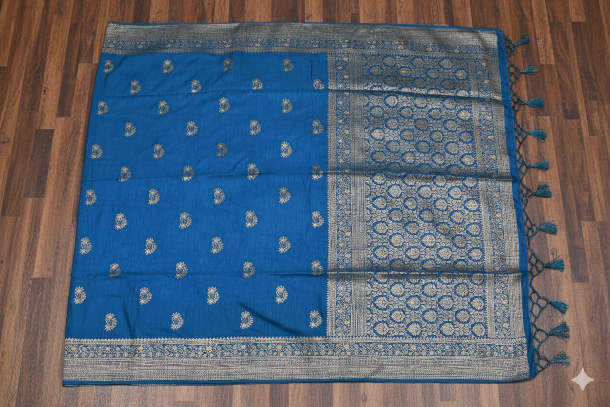 Blue fabric with intricate patterns on a wooden floor