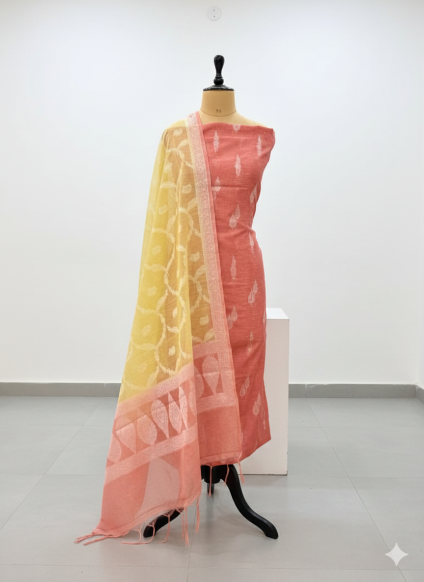 Mannequin wearing a pink and yellow patterned scarf on a white background