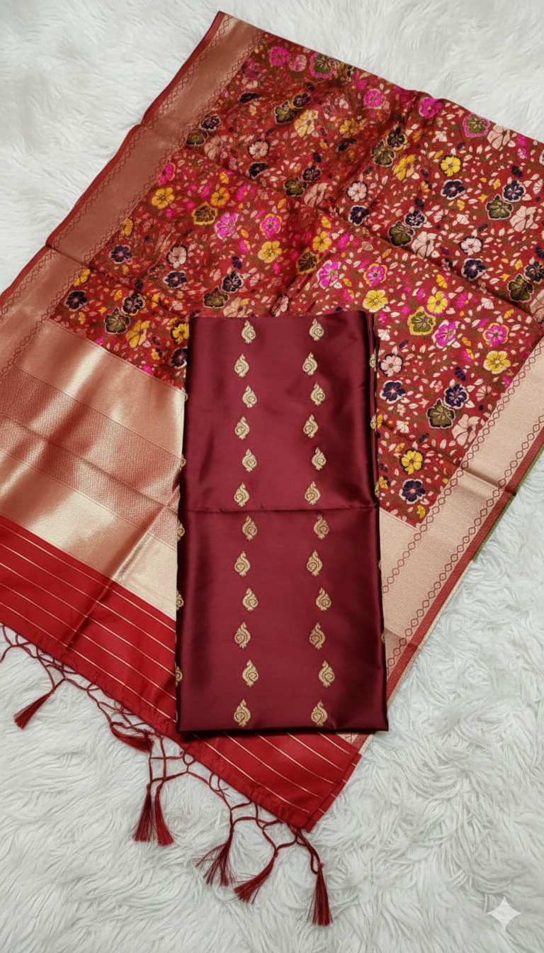Saree with floral patterns and a maroon blouse on a light gray background