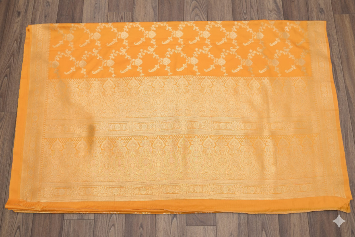 Mustard yellow  fabric with intricate patterns on a wooden surface