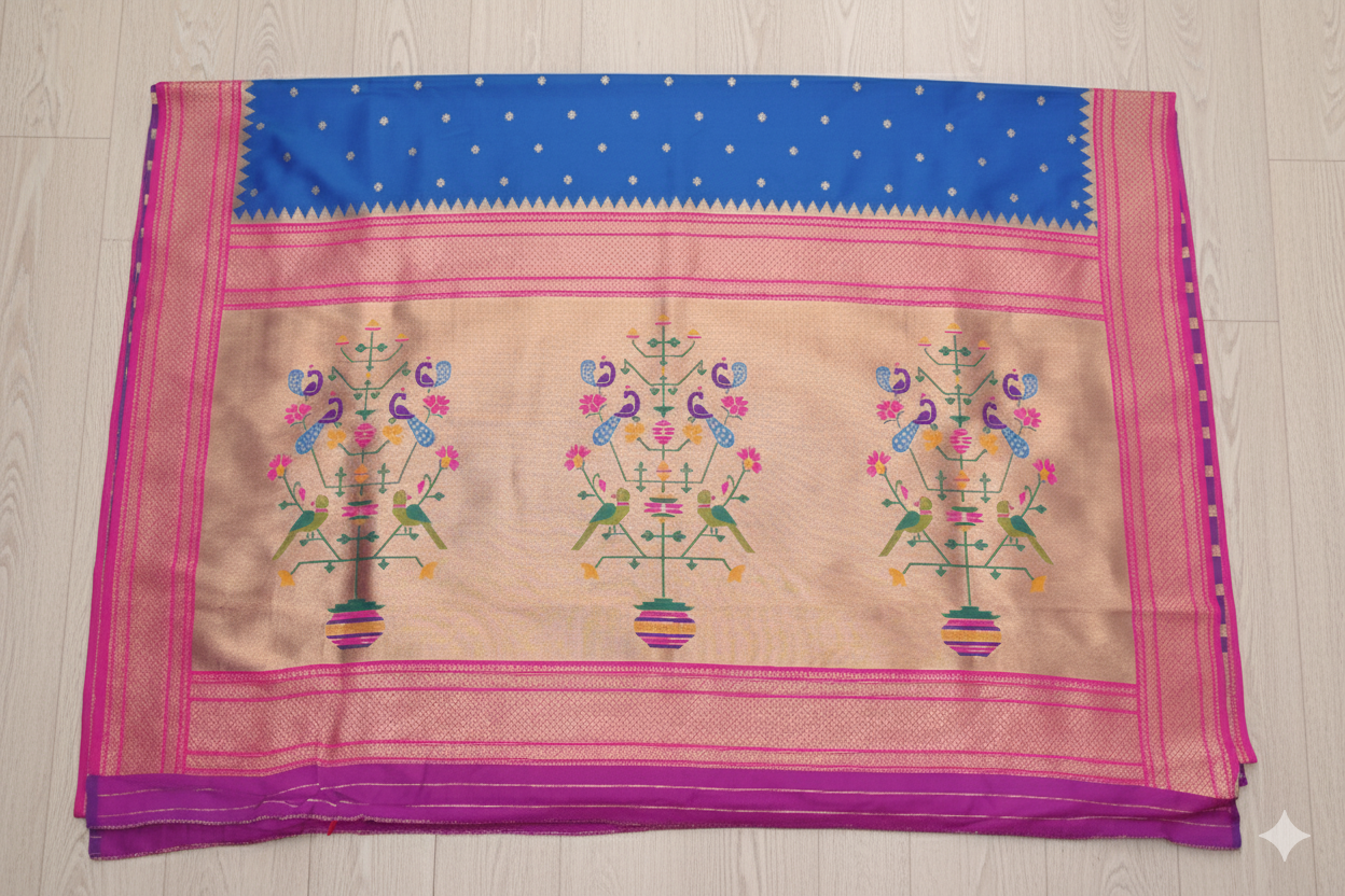Traditional saree with intricate patterns on a wooden surface
