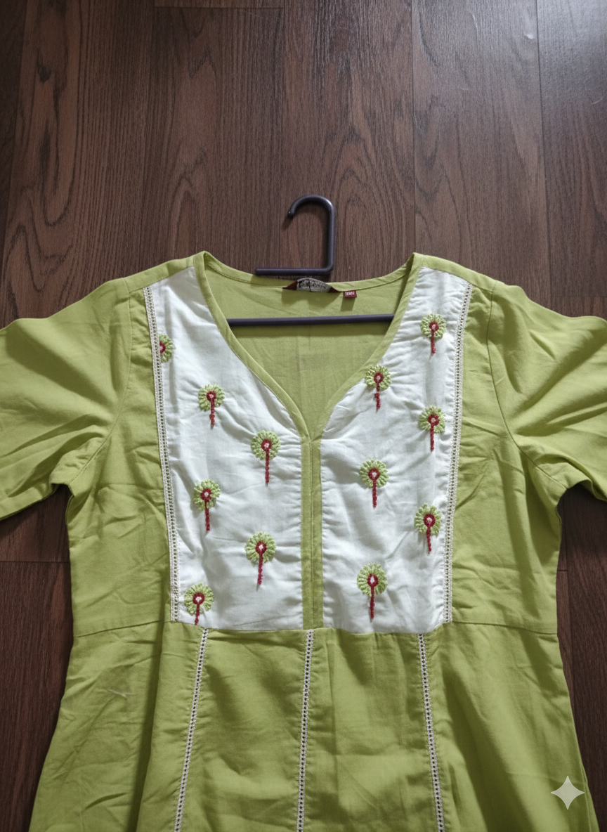 Womens Lime green Hand embroidered A line Kurta pant Dupatta set