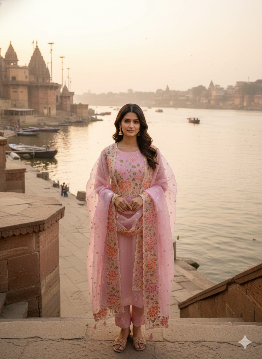 Woman in a pink traditional outfit standing by a river with historical buildings in the background