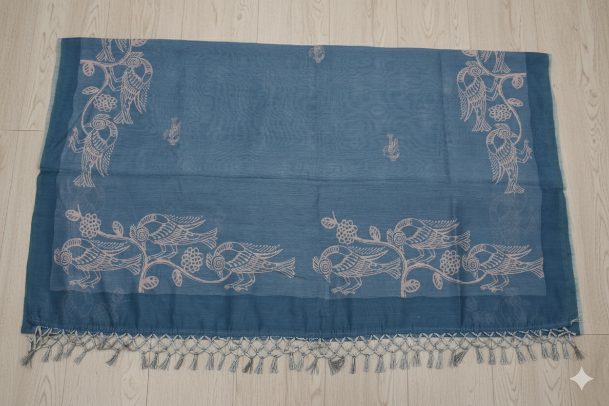 Blue embroidered fabric with white patterns on a wooden floor