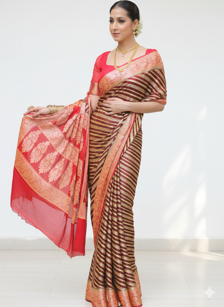 Woman wearing a red and brown saree with a white background