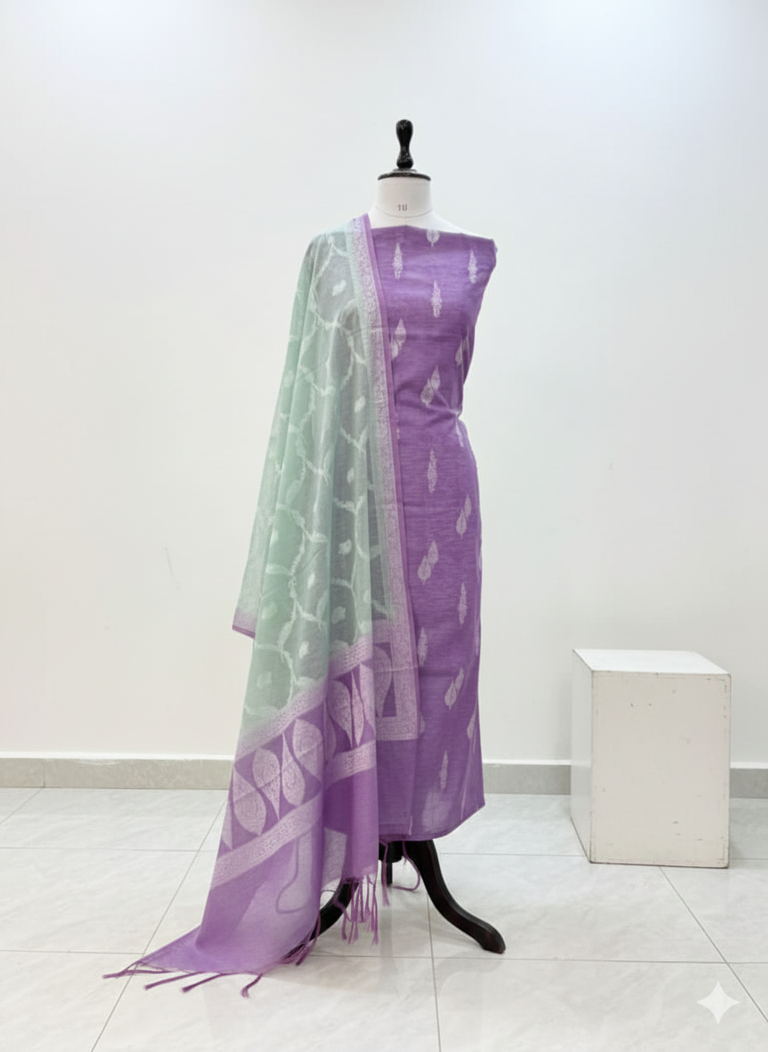 Mannequin wearing a purple and white patterned dress with a matching scarf on a white background