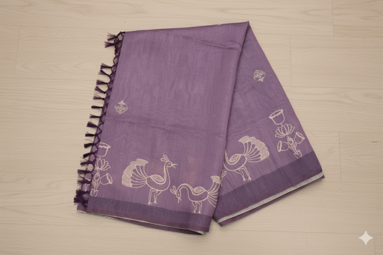 Purple saree with white patterns on a wooden surface