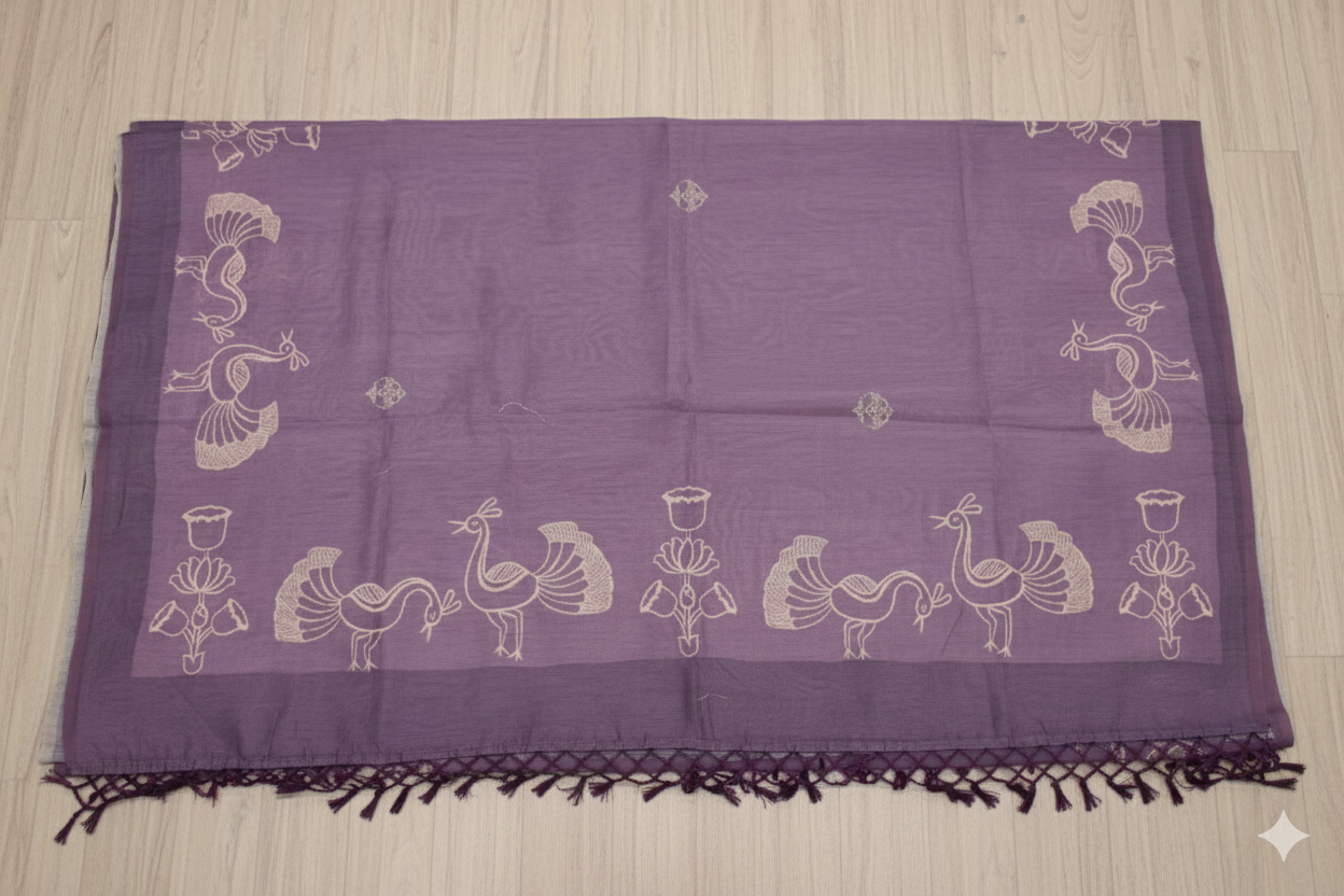 Purple saree with white patterns on a wooden surface